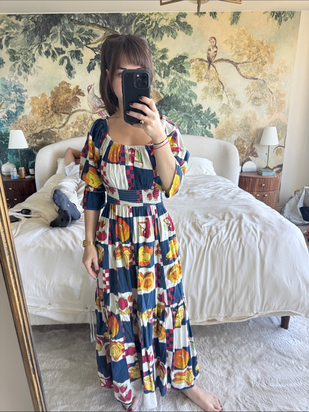 Smocked Patchwork Maxi Dress in Navy, Yellow & Red